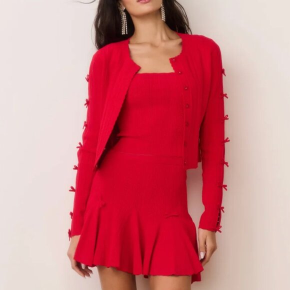 NWT LoveShackFancy Zoriah Rib Pointelle Knit Cardigan Candy Apple Red Holiday - Picture 3 of 5